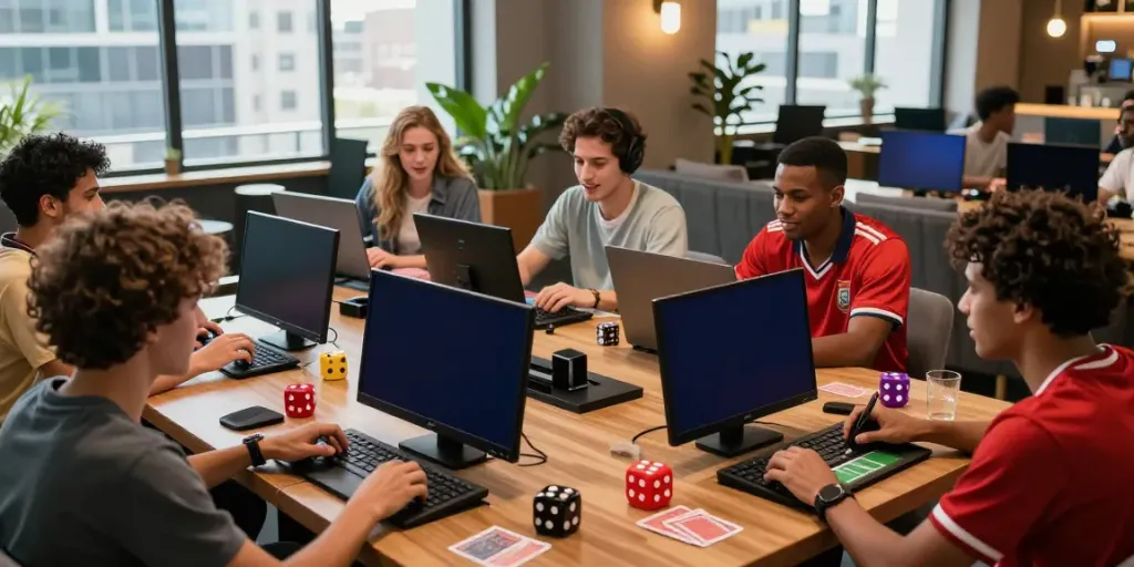 Exciting group enjoying zbet online gaming experience, cheering with sports memorabilia.