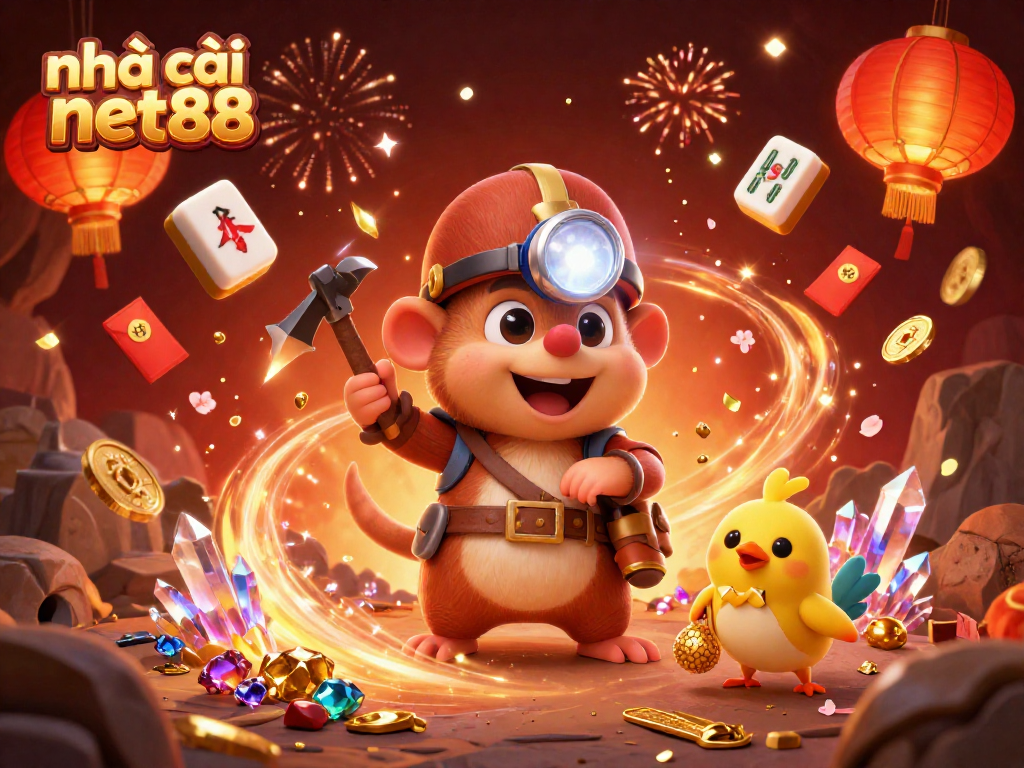 Join the fun at nhà cái net88 with a treasure hunter mole and golden treasures in a vibrant casino scene.