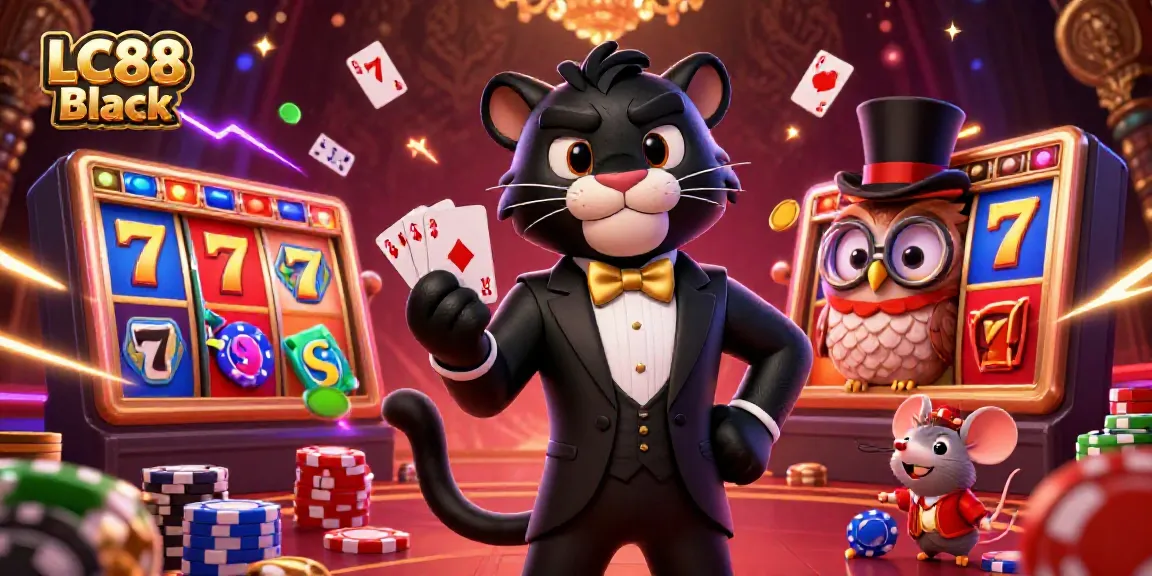 Experience exciting gameplay with LC88 Black's vibrant casino theme featuring dynamic characters and lively slot elements.