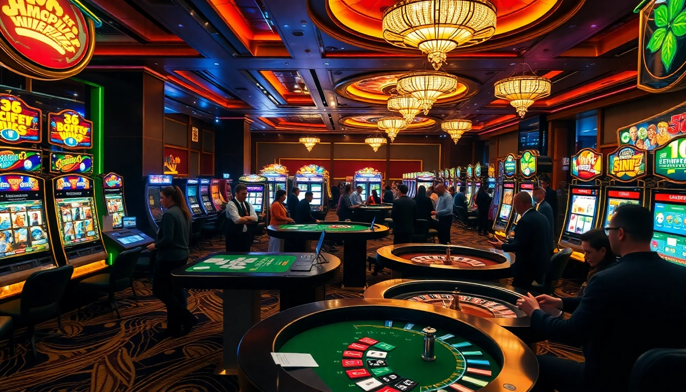 Action-packed casino scene showcasing De bet excitement with roulette wheels and poker chips.