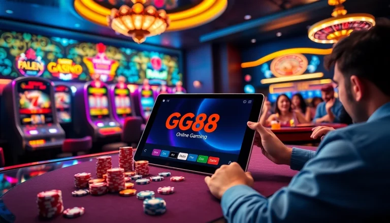 GG88 players enjoying vibrant casino games on a luxurious online gambling interface.