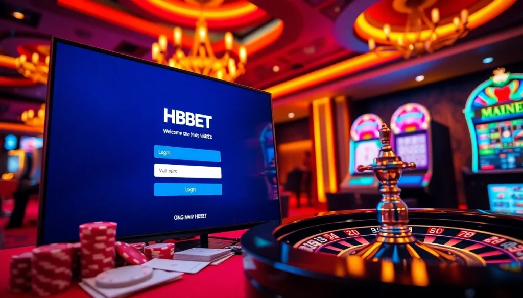 Login to HBBET while enjoying a vibrant online casino atmosphere, featuring players and gaming elements.