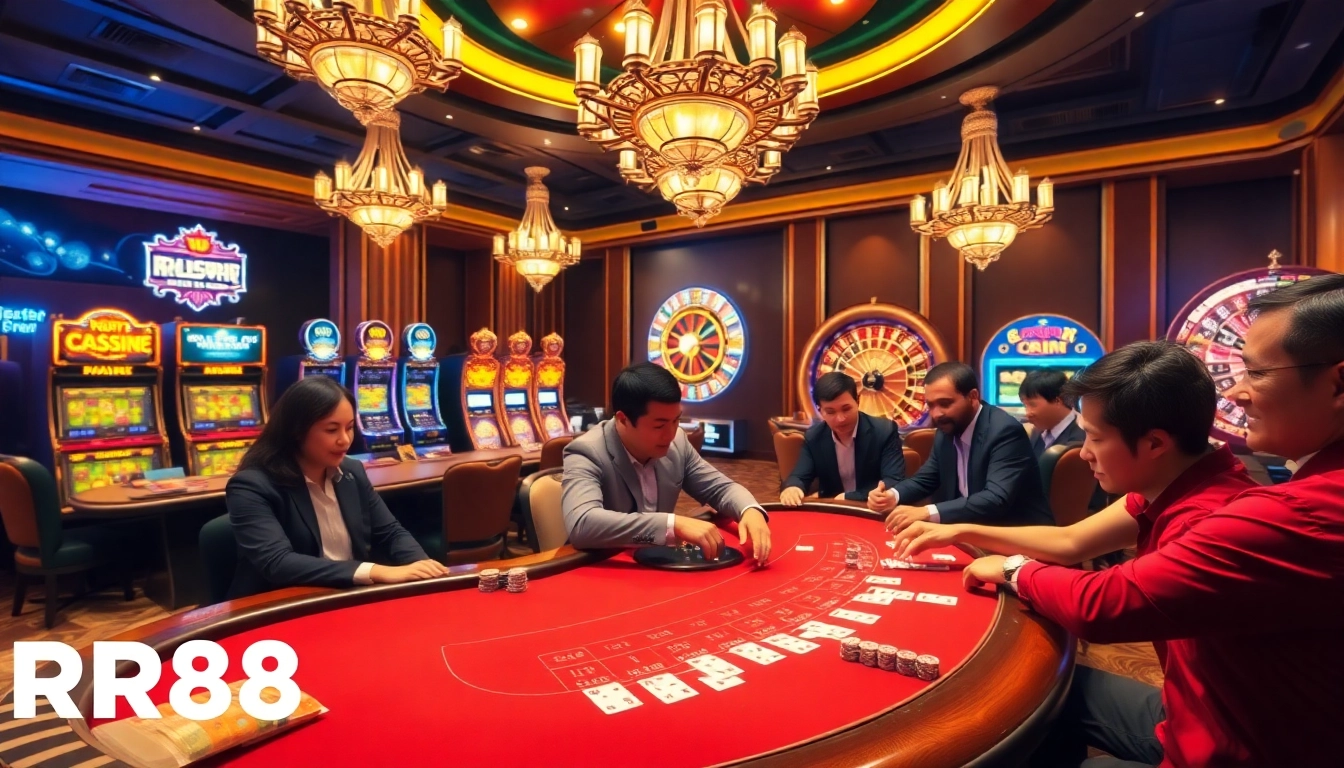 Experience the thrill of gambling at https://rr88.black/ with a vibrant casino scene showcasing poker and roulette.
