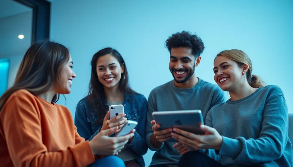 Engaging scene with diverse users interacting with Crushon AI's chat interface on digital devices.