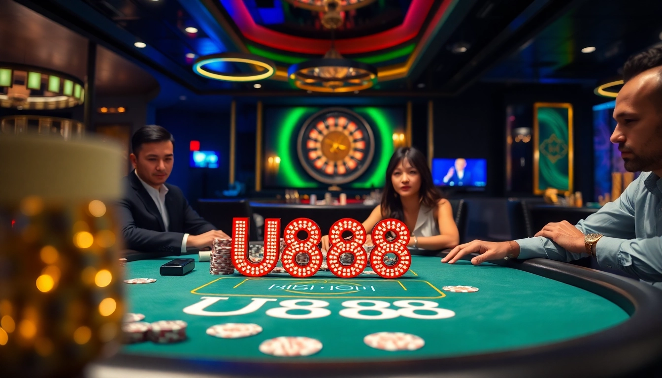 Exciting U888 casino scene with poker players and vibrant gambling elements.