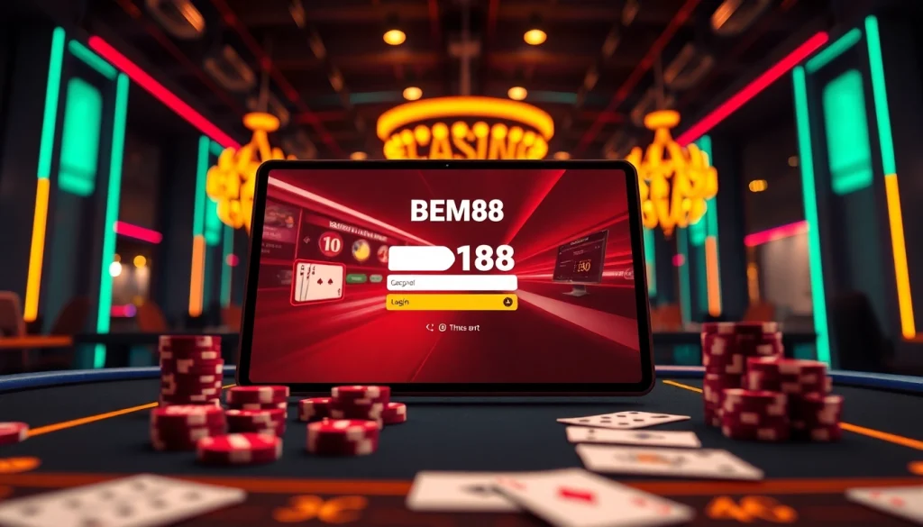 Experience logging into BEM88 with excitement as vibrant casino elements surround you.