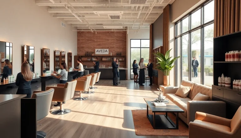 Omnia Salon interior showcasing professional hair services and Aveda products in a welcoming atmosphere.