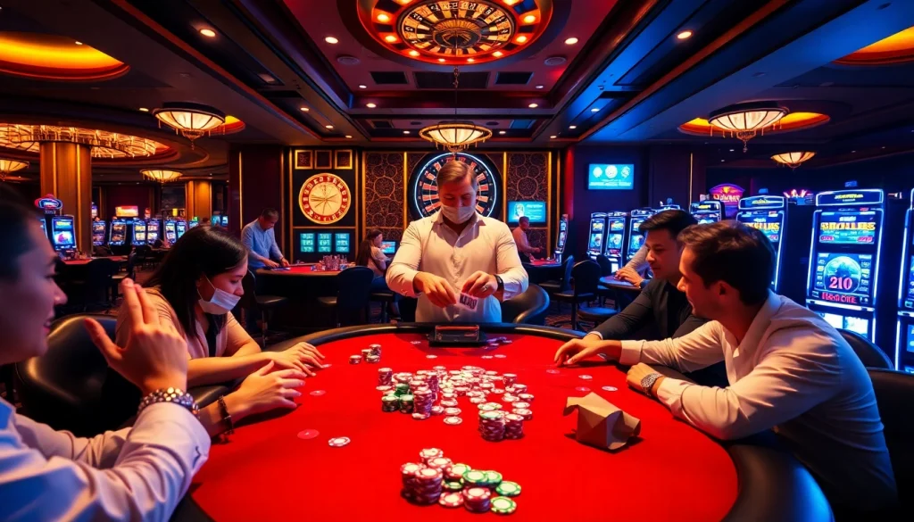 Experience the excitement at nk88 casino with players enjoying poker and vibrant slot machines.