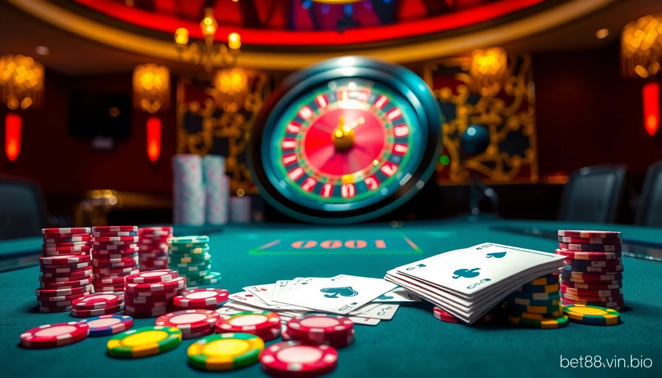 Players engaging in dramatic bets at bet88vn.bio’s online casino, highlighting chips and a roulette wheel.