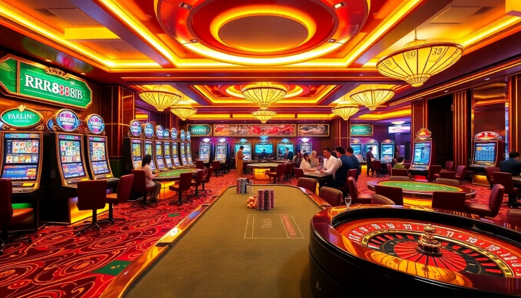 Engaging scene of Trang Chủ RR88 with vibrant gaming tables and slot machines.