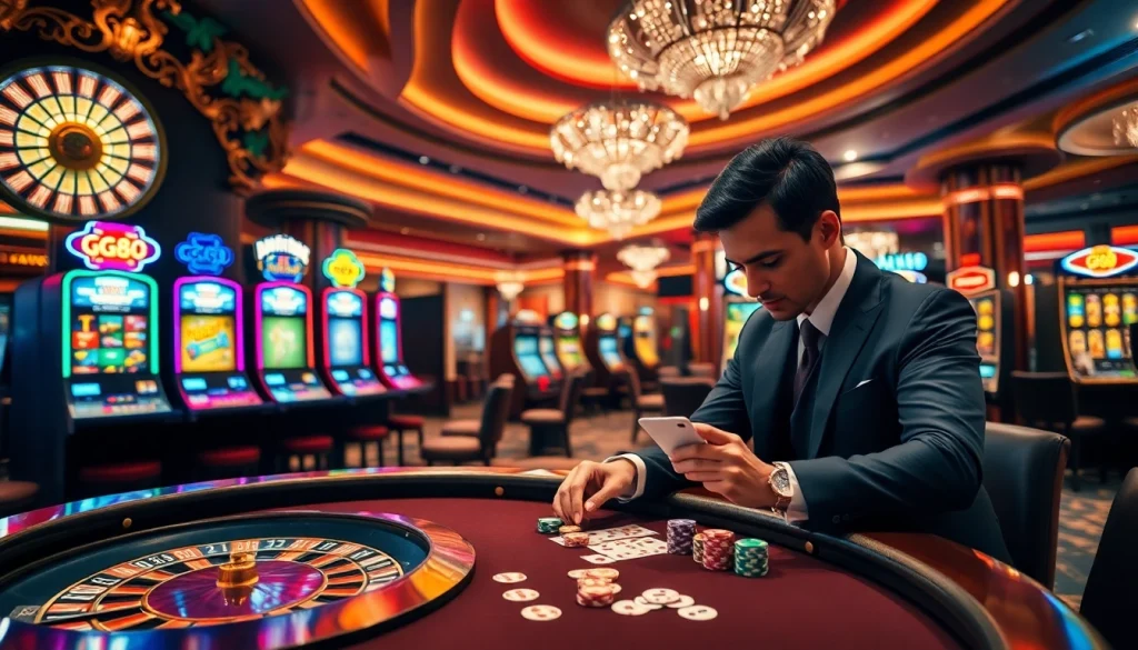 Win big at GG88 with a lively casino scene featuring roulette, poker, and vibrant slot machines.
