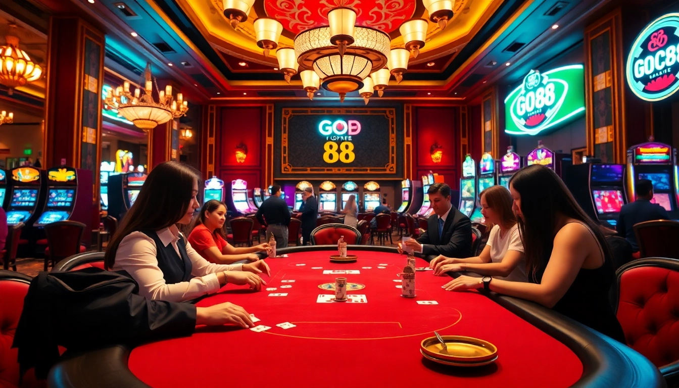 Players enjoying intense gameplay at a luxurious GO 88 poker table in a vibrant casino.