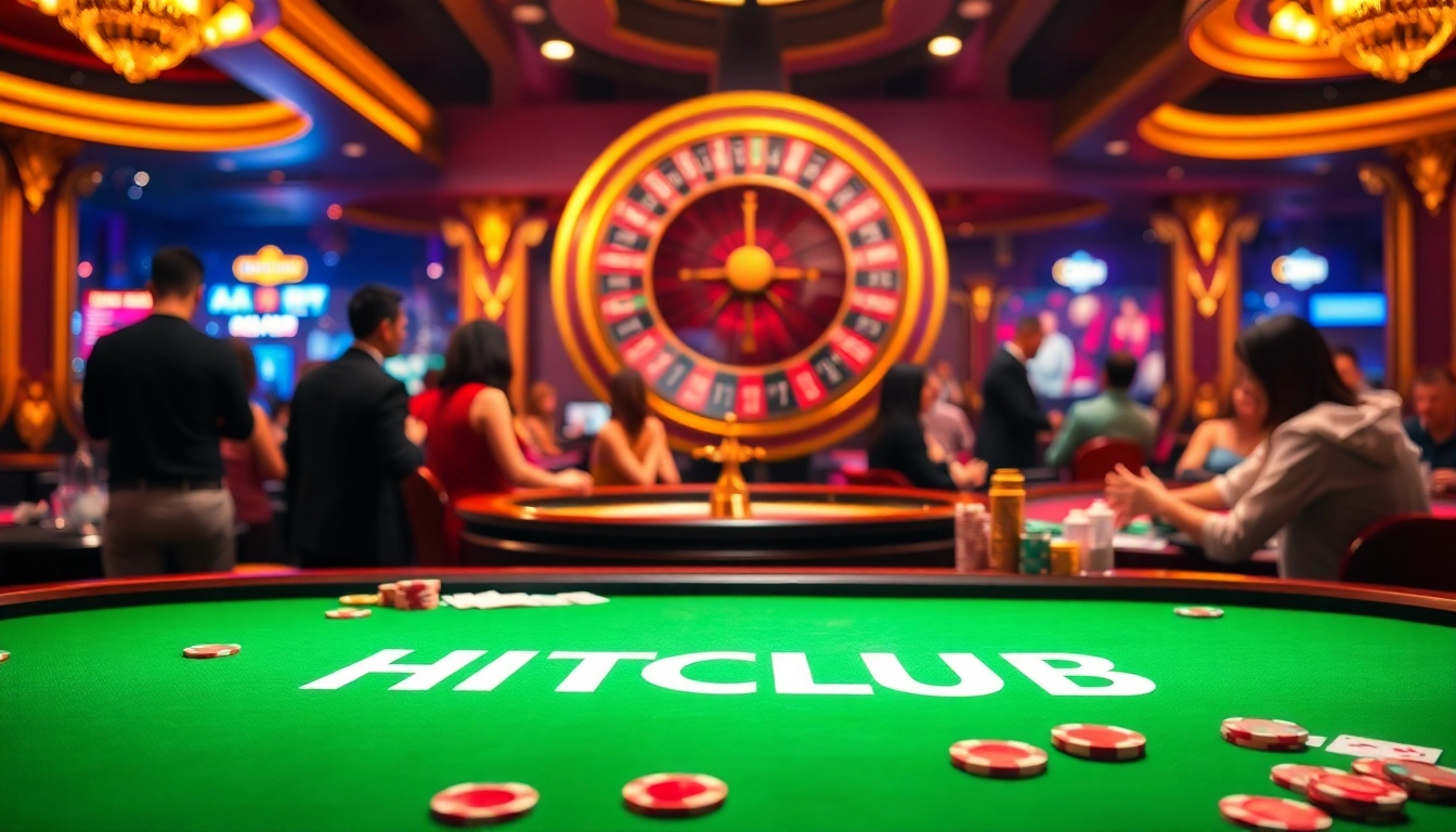 HITCLUB gaming table with vibrant poker chips and active players, capturing casino excitement.