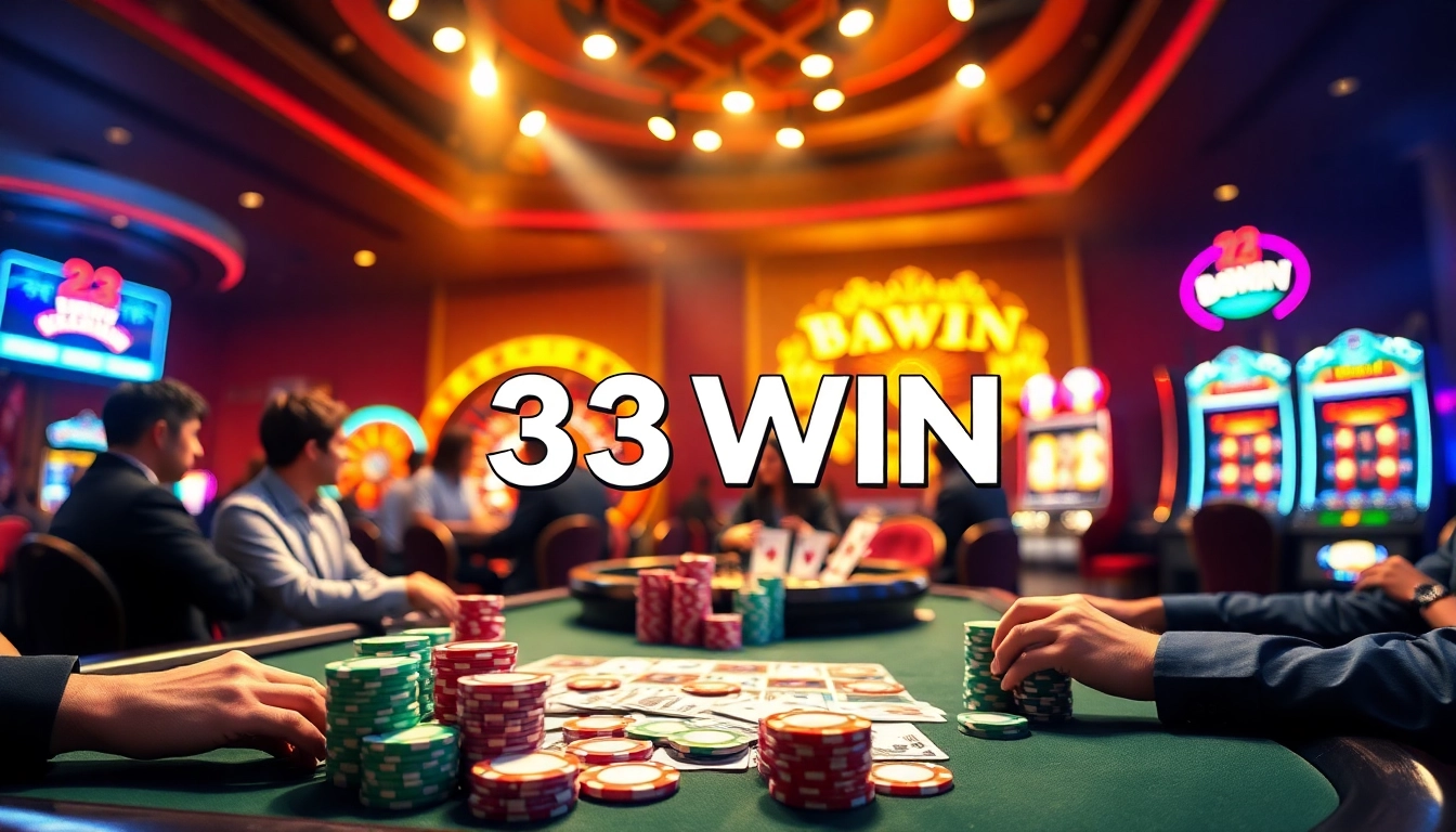 Players engaged in thrilling games at 33WIN casino with colorful chips and vibrant slot machines.