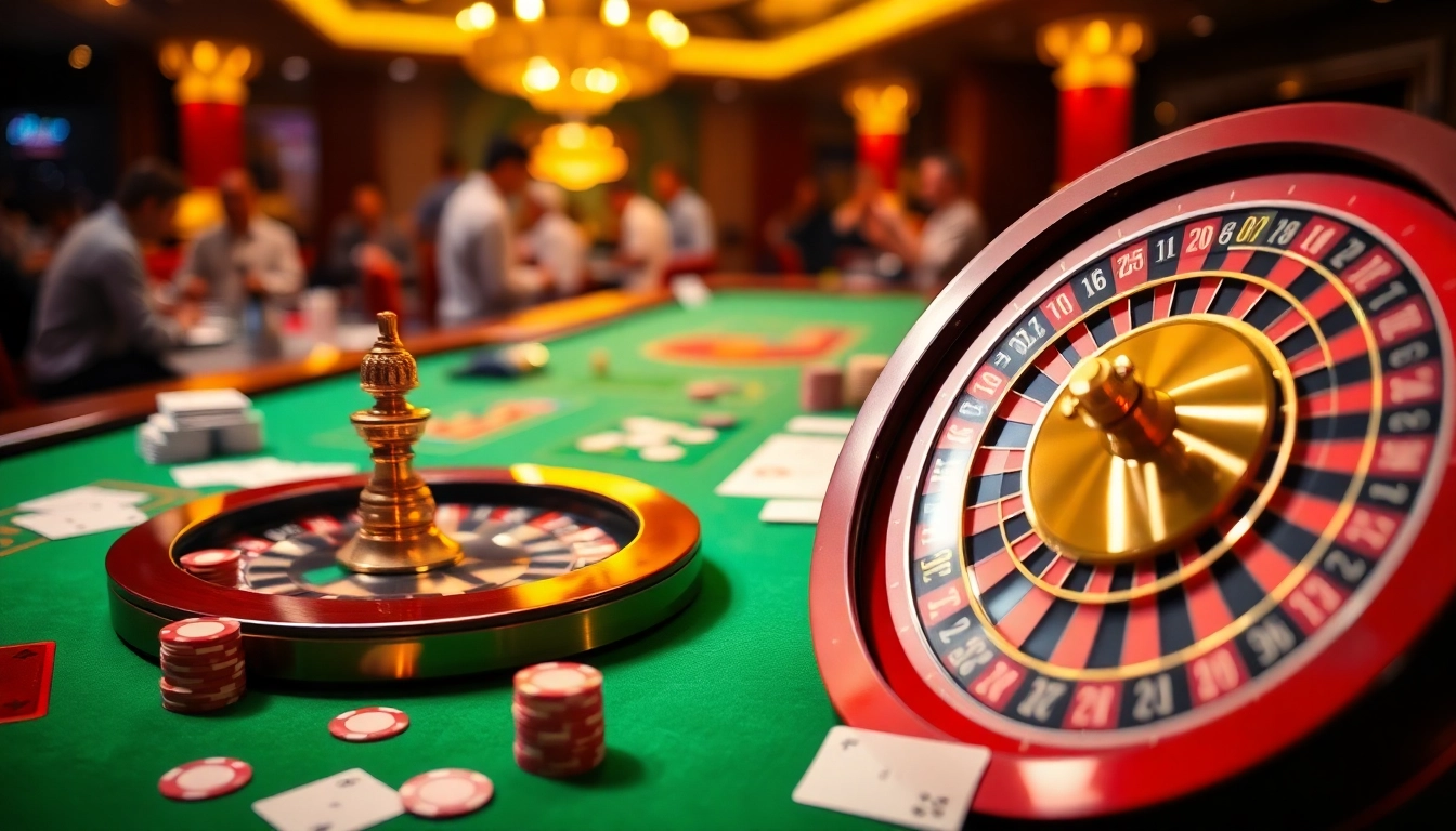 Experience excitement at bet88vn.bio with a luxurious casino table setting filled with poker chips and a roulette wheel.