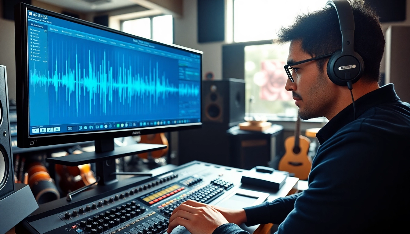 Engaging scene of online mastering in a professional music studio showcasing advanced audio technology.