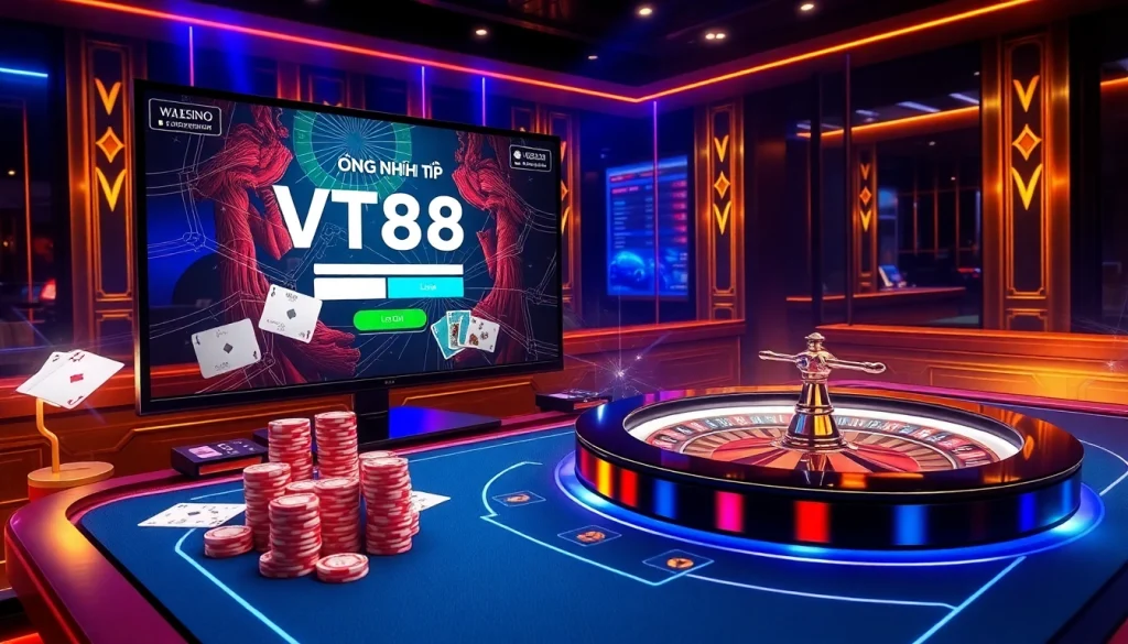 Experience the thrill of ĐĂNG NHẬP VT88 at a stylish online casino with vibrant tables and colorful chips.