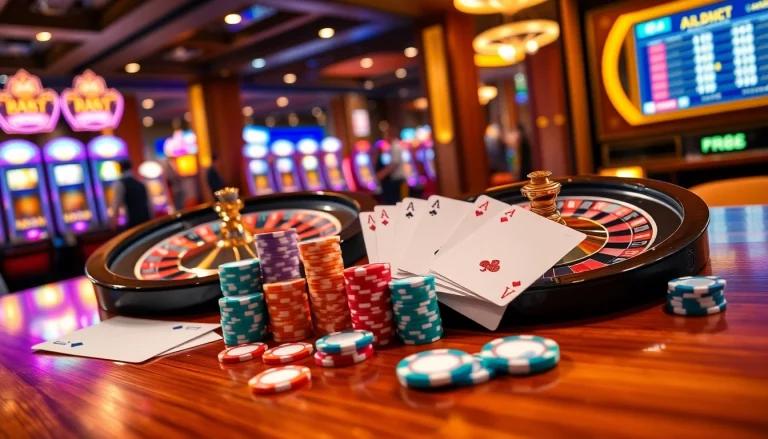 Experience RR88's excitement with a roulette wheel and vibrant poker chips at a luxe casino.