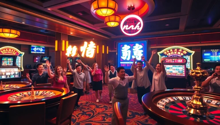 Excited players winning big at a vibrant "nổ hũ" slot machine in a luxurious casino.