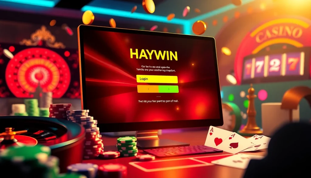 Exciting casino scene highlighting ĐĂNG NHẬP HAYWIN with inviting login interface and gaming elements.