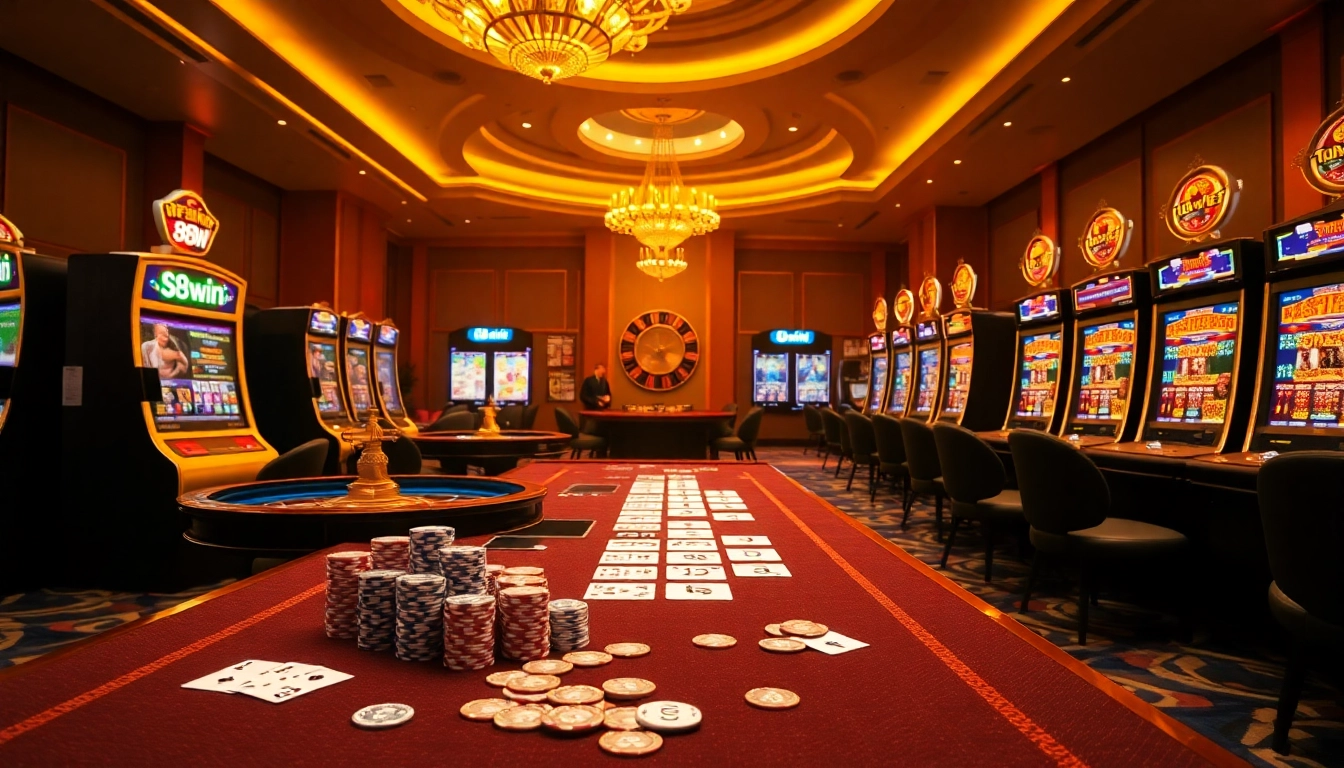 Experience an elegant casino scene with 98win, showcasing luxury tables and vibrant slot machines.