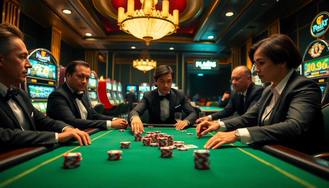 Players engaged in an intense poker game at https://f168.tools/, showcasing high-stakes excitement and luxury.