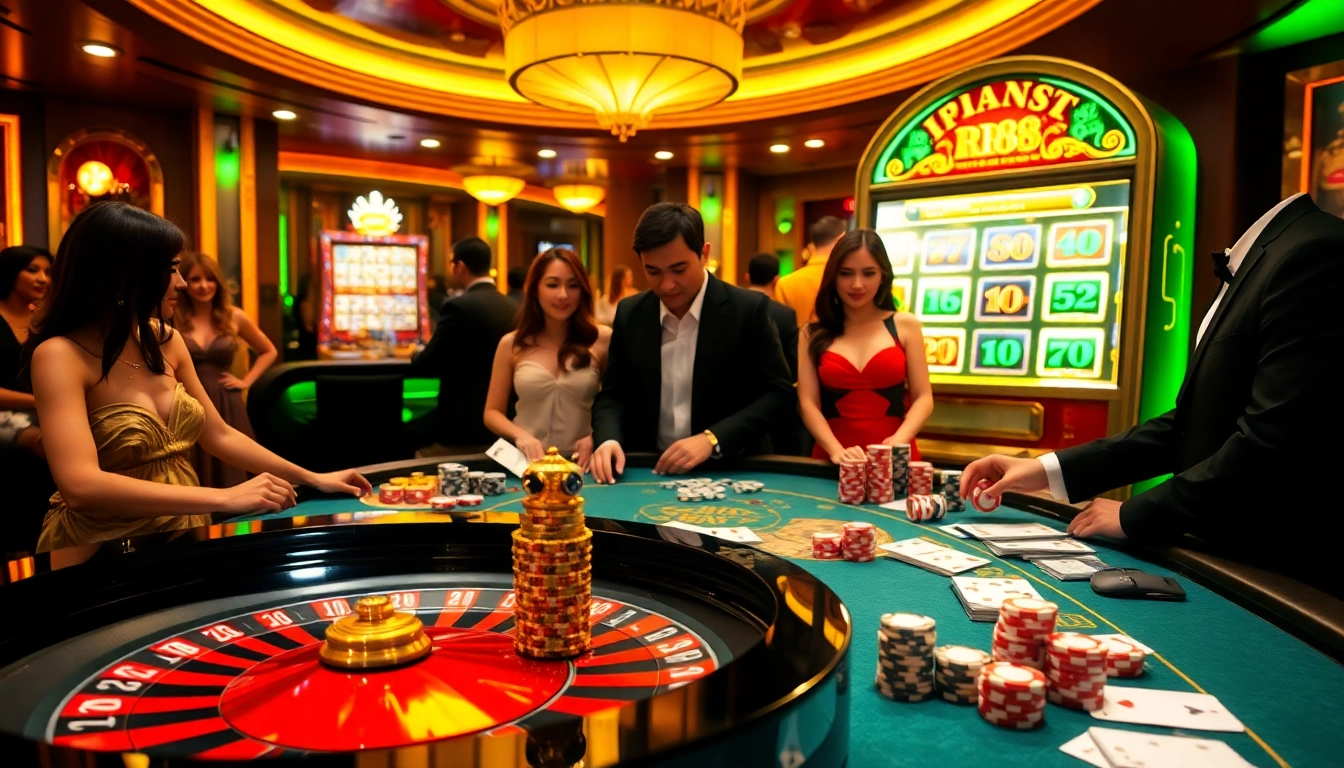 RR88 casino gaming scene with roulette table and excited players in a vibrant atmosphere.