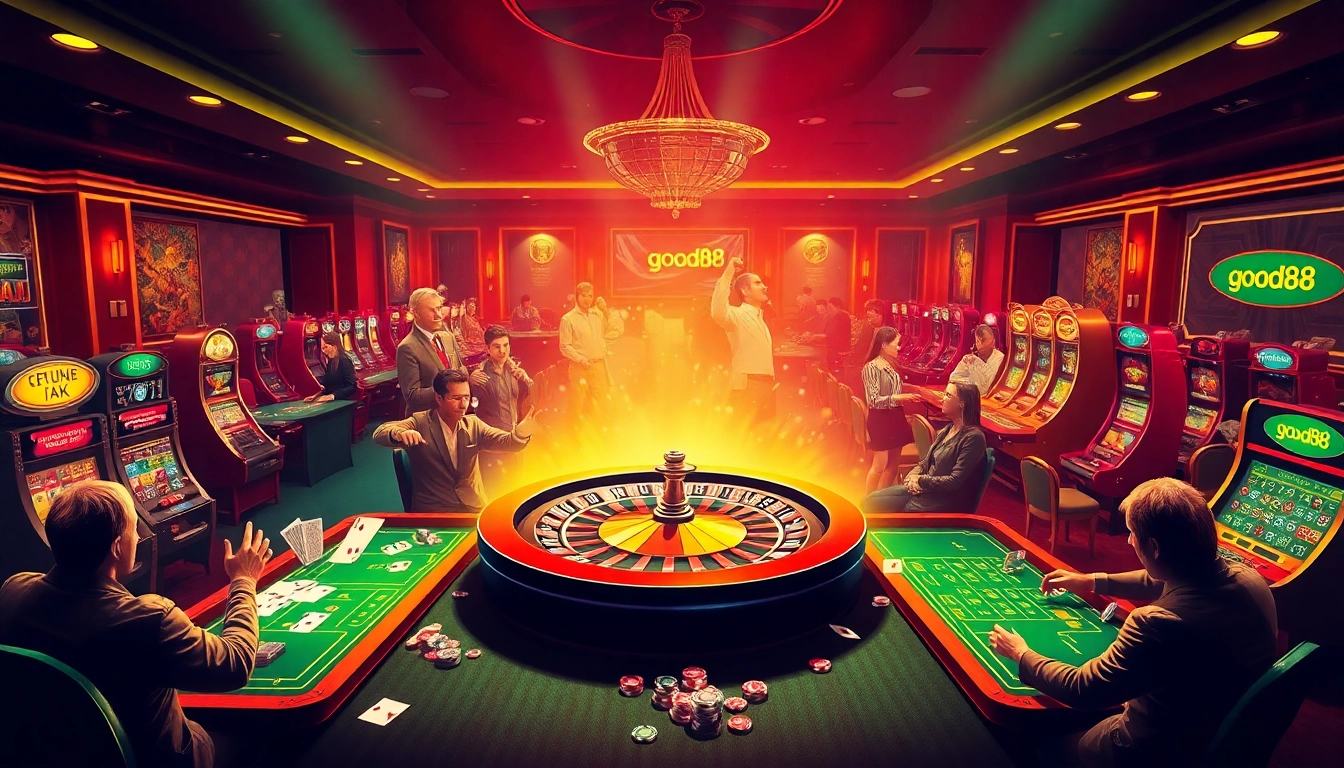 Players enjoying vibrant casino games at good88, featuring poker tables and a roulette wheel.