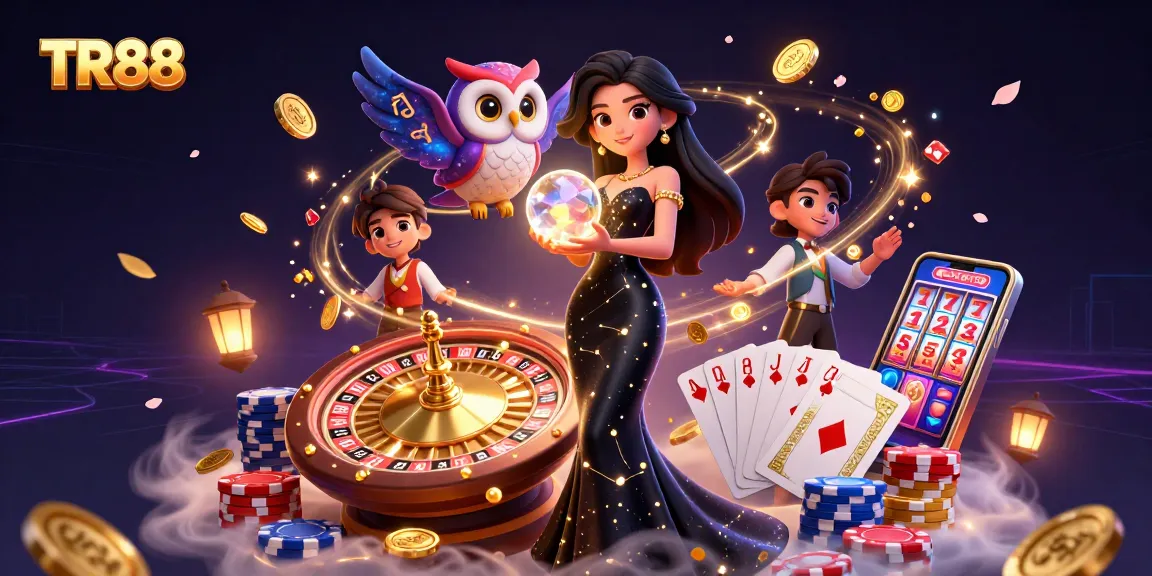 Feel the thrill with TR88's stunning illustration of a mystical casino scene filled with glimmering coins and vibrant poker elements.