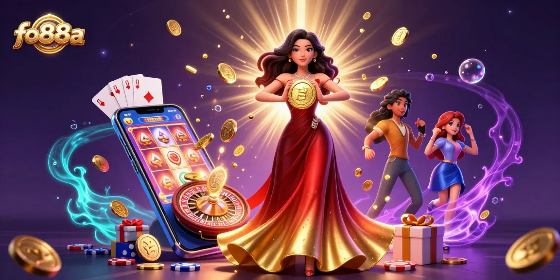 Engage with the fo88a casino experience as a glamorous Asian woman showcases her winning coin amidst vibrant gaming elements.