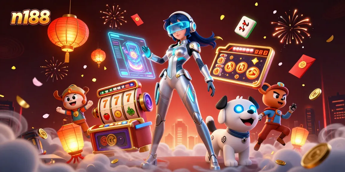 Experience thrilling gaming at n188 with a dazzling 3D casino illustration showcasing vibrant slot action and high-tech visuals.