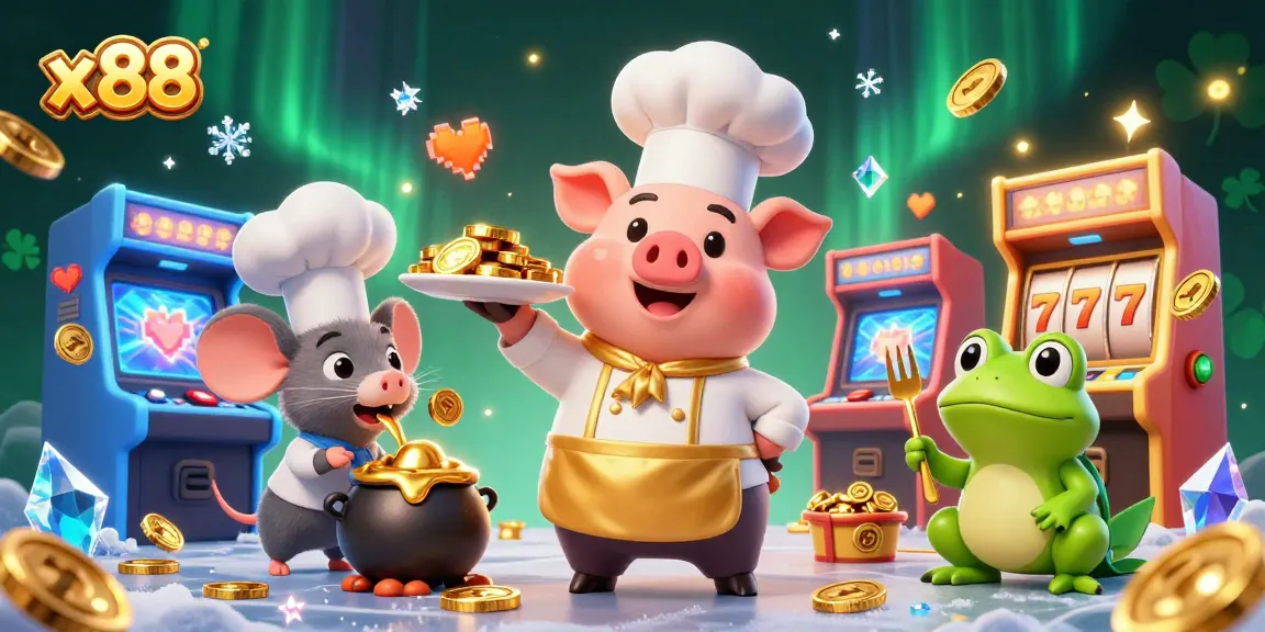 x88 jackpot celebration with a chef pig serving golden coins, colorful arcade game machines surround the scene.