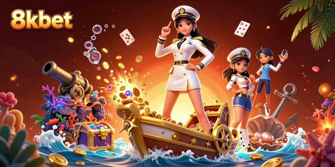 Engage with 8kbet at the online casino, featuring an Asian woman commanding on a golden ship amidst treasure.