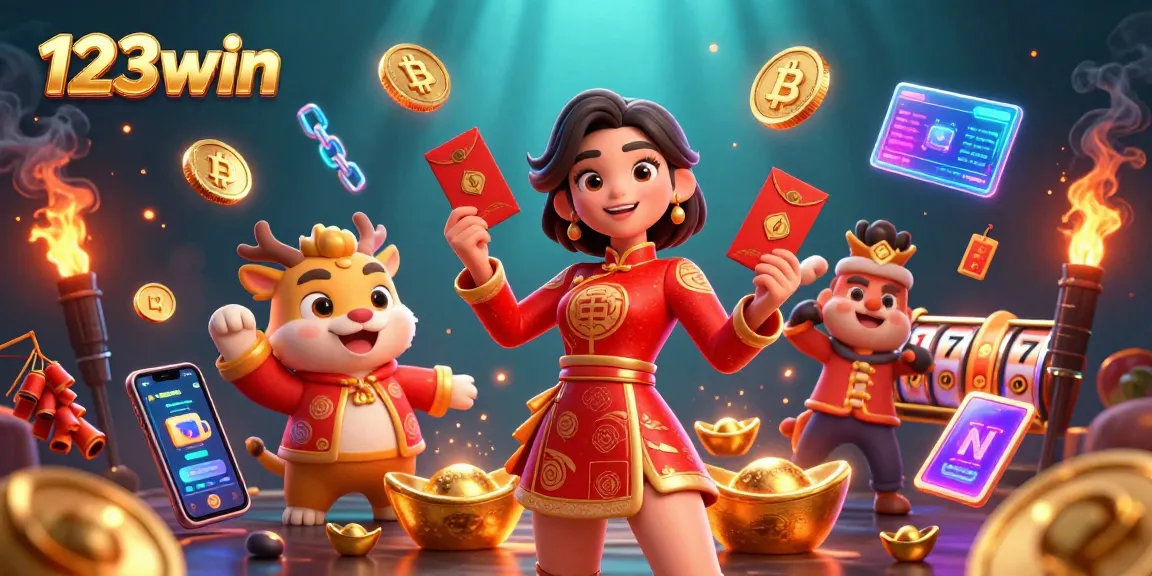 Experience the excitement of 123win with vibrant characters and casino elements in a festive 3D illustration.