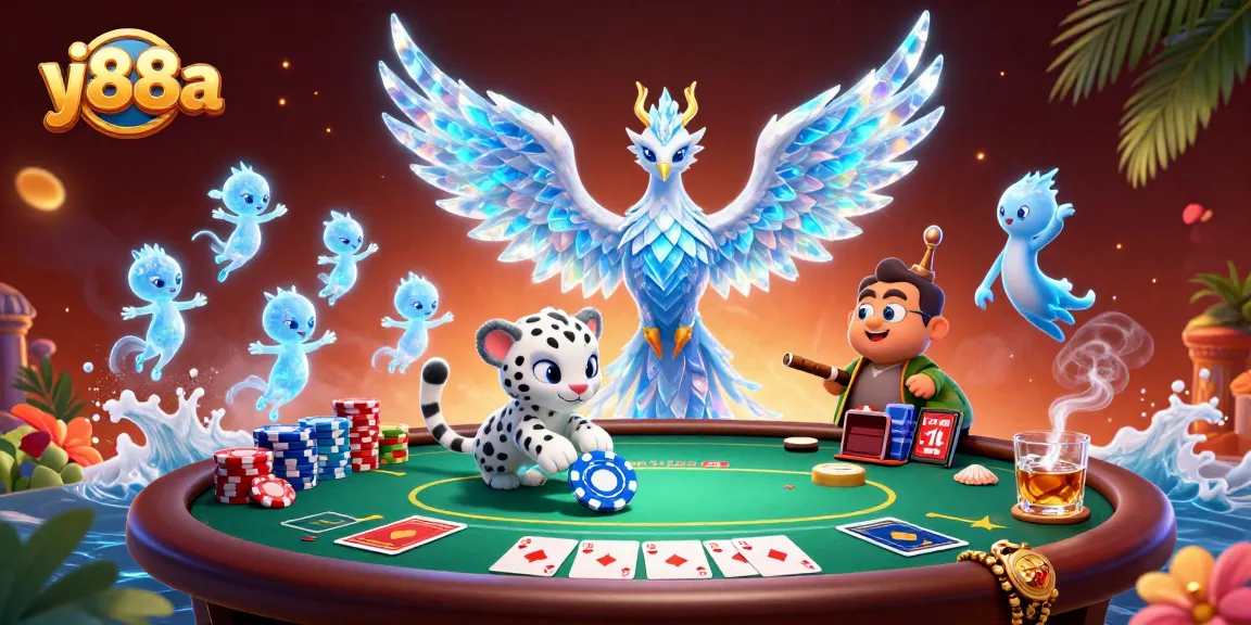 Engage with vj88a's vibrant poker scene featuring an ice phoenix and snow leopard cub.