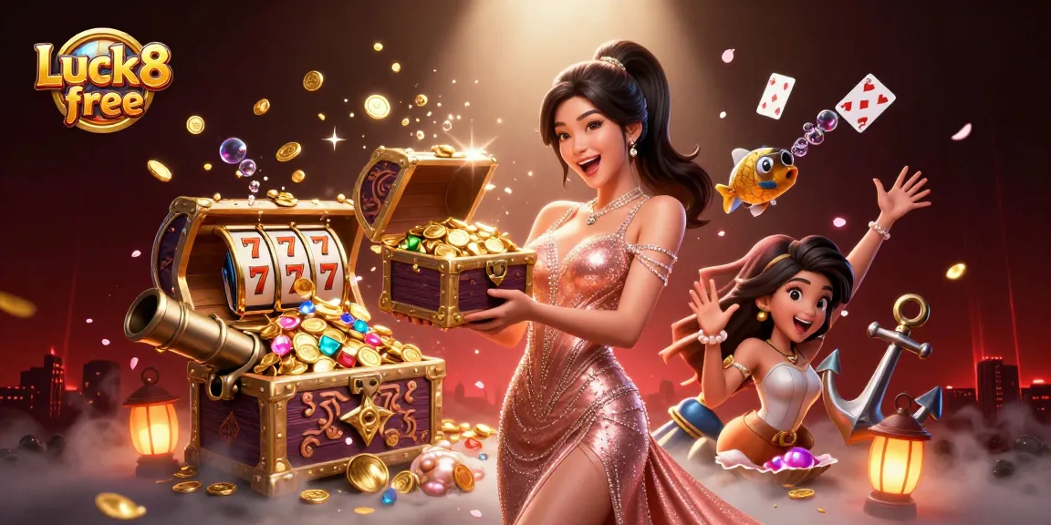 Experience Luck8 free with thrilling slot machine action and dazzling treasure in this vibrant digital illustration.