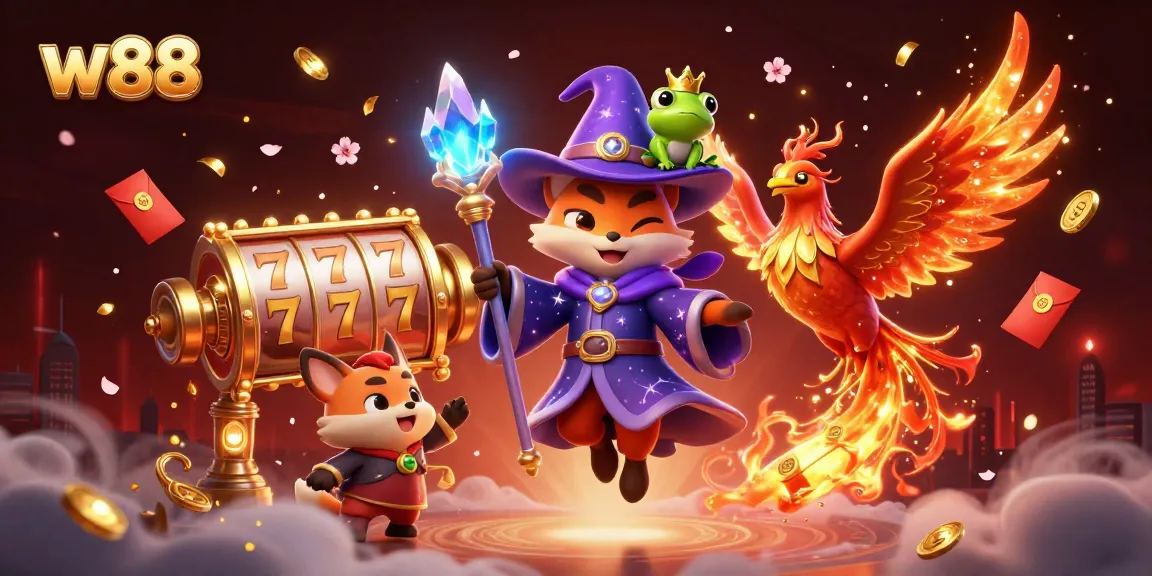 Win big at w88 with a dynamic 3D illustration of a wizard fox, phoenix, and enchanted frog in a vibrant casino setting.