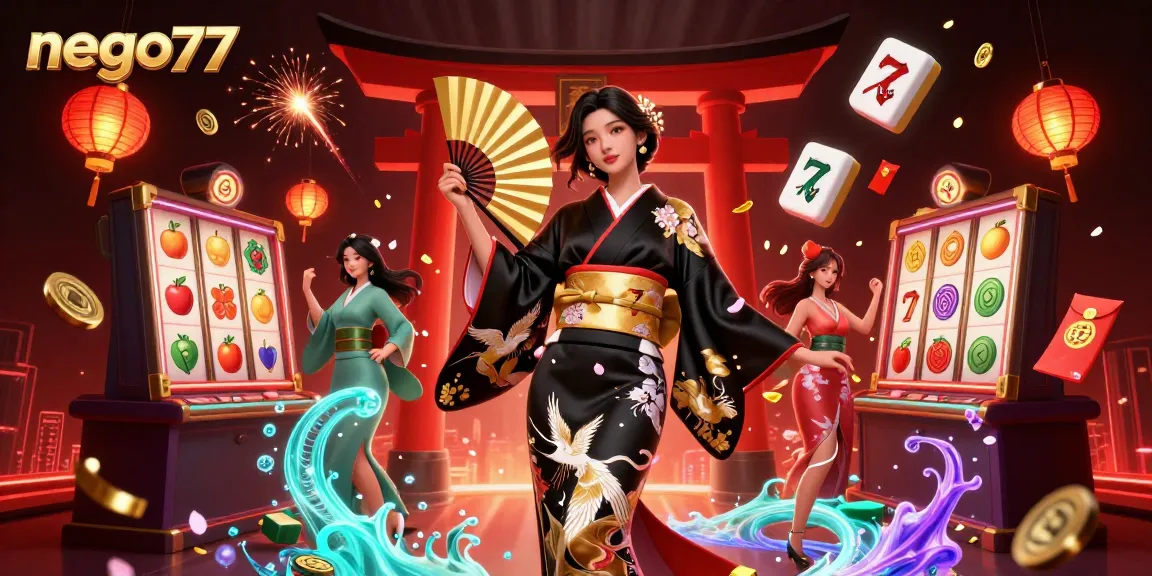 Engage with the dynamic casino scene showcasing nego77's vibrant gaming elements and a captivating Asian character.