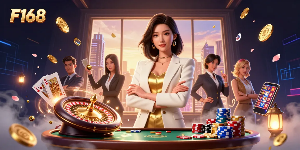 Experience thrilling casino action at F168 with an elegant Asian woman showcasing her card skills amid a dynamic gaming scene.