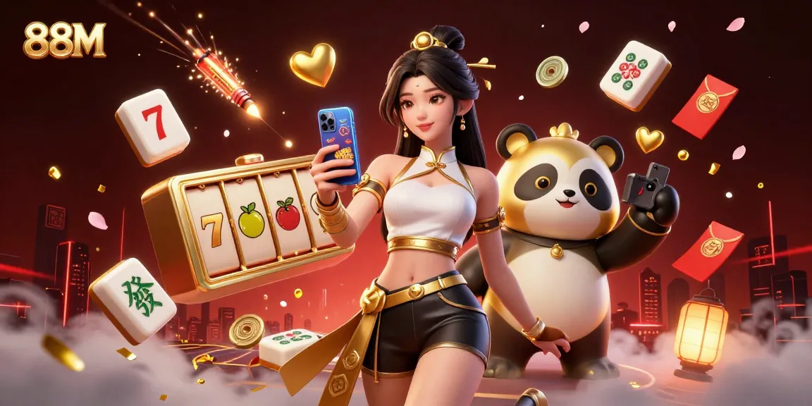 Experience the thrill of 88M gaming with an elegant Asian woman and a golden panda in an energetic casino illustration.