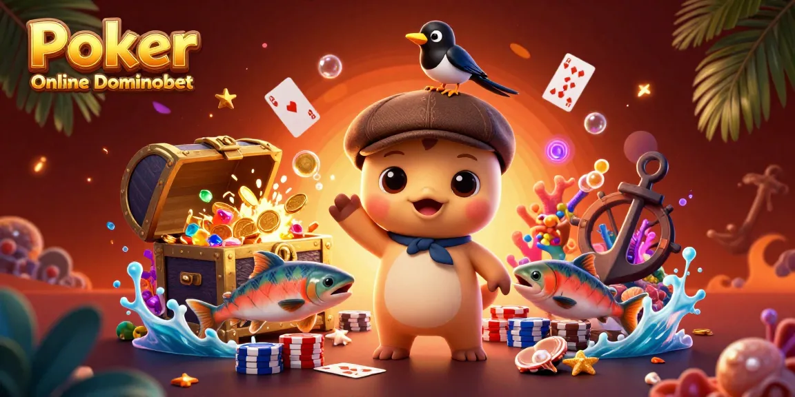 Engage in exciting Poker Online Dominobet with playful cartoon Nessie, poker elements, and treasures.