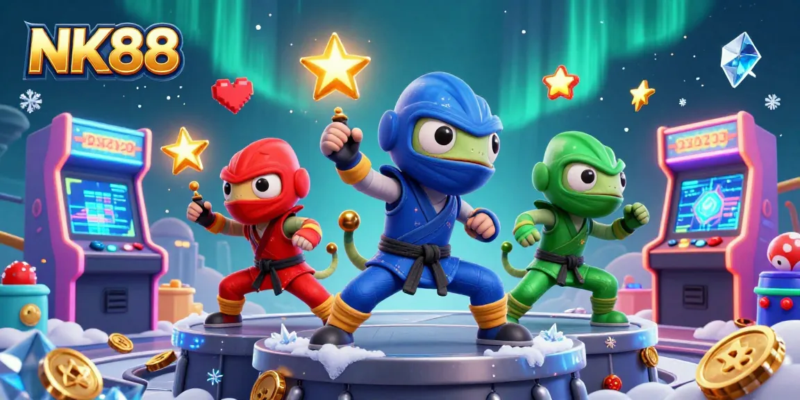 NK88 features a vibrant 3D illustration with ninja chameleons and casino elements, showcasing exciting gaming action.