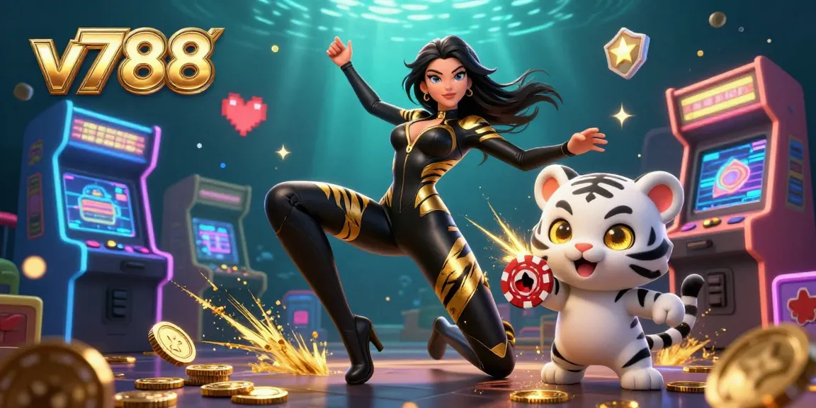 Experience thrilling moments at v788 with a dynamic poker scene featuring acrobatic characters and vibrant casino elements.