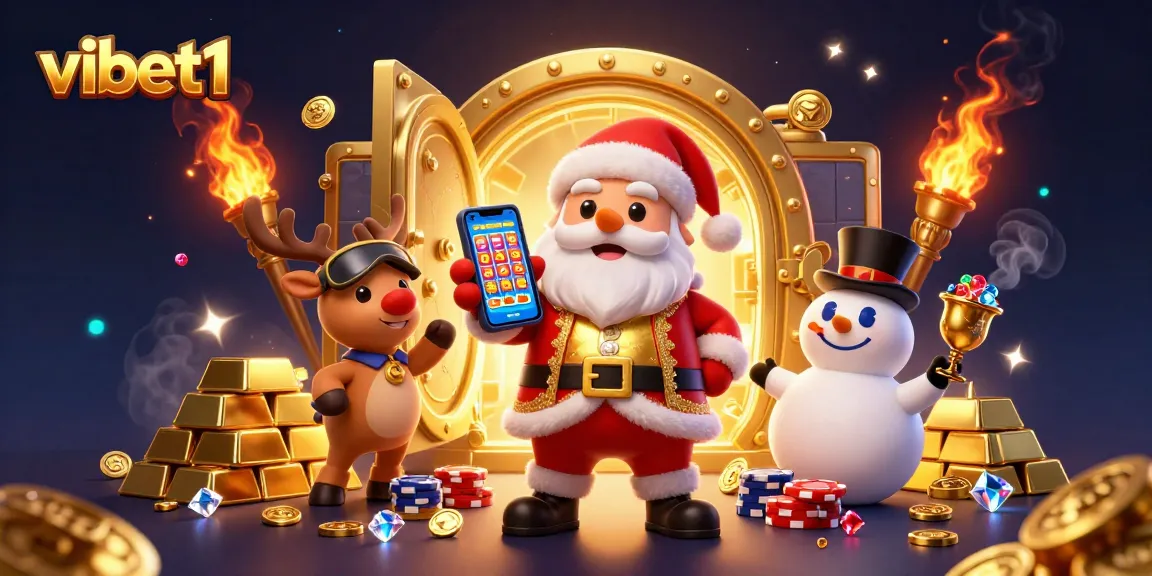 Experience jackpot thrills with vibet1's festive casino characters in a dazzling 3D scene.