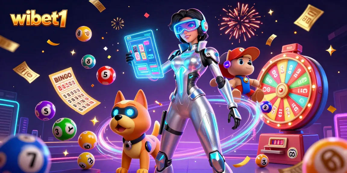 Experience wibet1's vibrant casino world with thrilling lottery and gaming elements in a stunning 3D illustration.