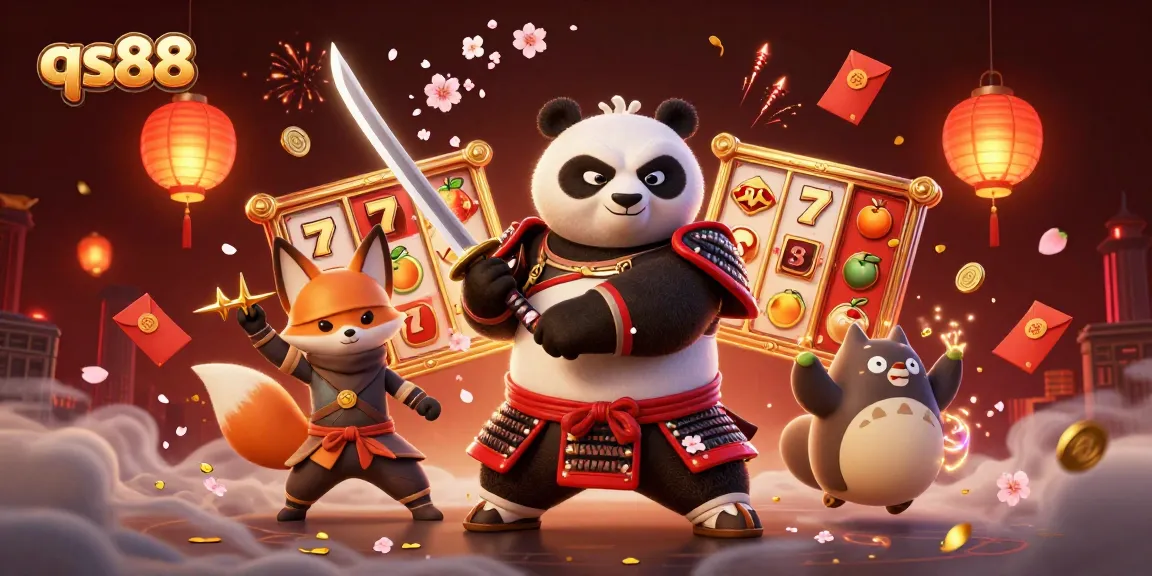 Win big at qs88 with a thrilling samurai panda and ninja fox amidst dynamic slot reels and festive elements.