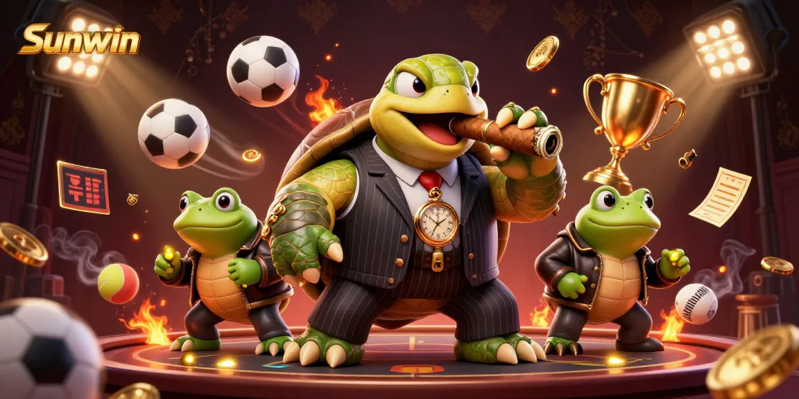 Sunwin showcases an engaging gambling scene with a turtle in a suit and sports elements dynamically arranged.