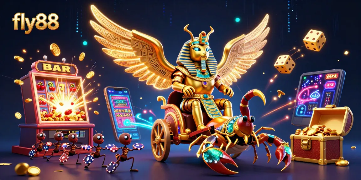 fly88 spins big wins with a golden scarab and vibrant casino elements