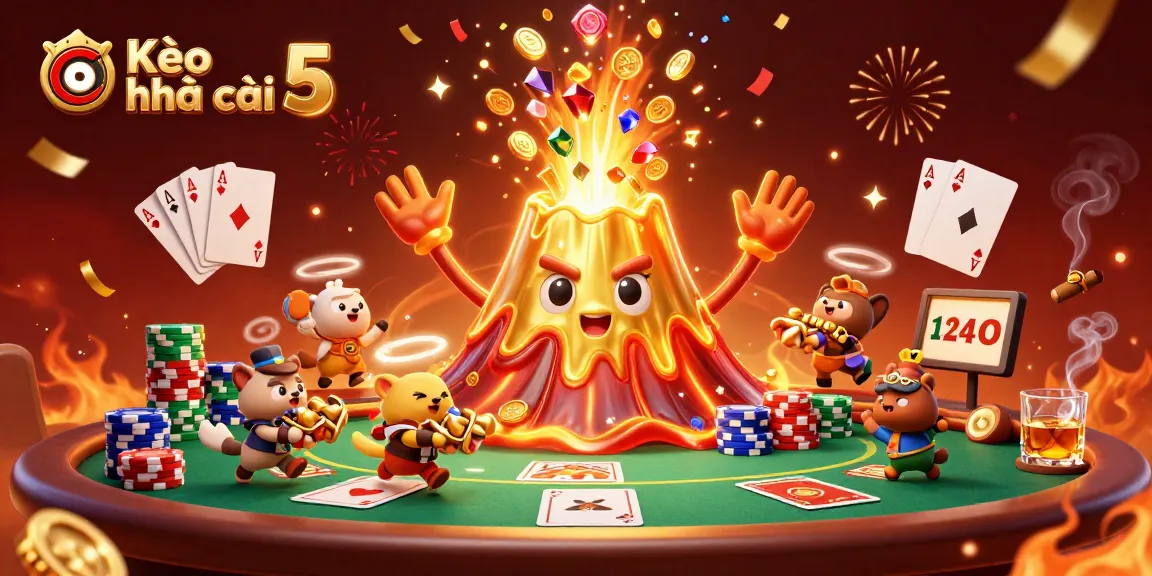 Kèo nhà cái 5 showcases a triumphant volcano, treasure, and poker elements in a thrilling casino scene