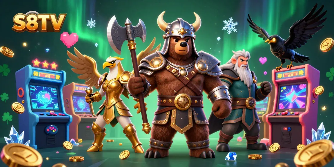 S8TV offers thrilling online gambling experiences, showcasing a Viking berserker bear, Valkyrie eagle, and casino elements.